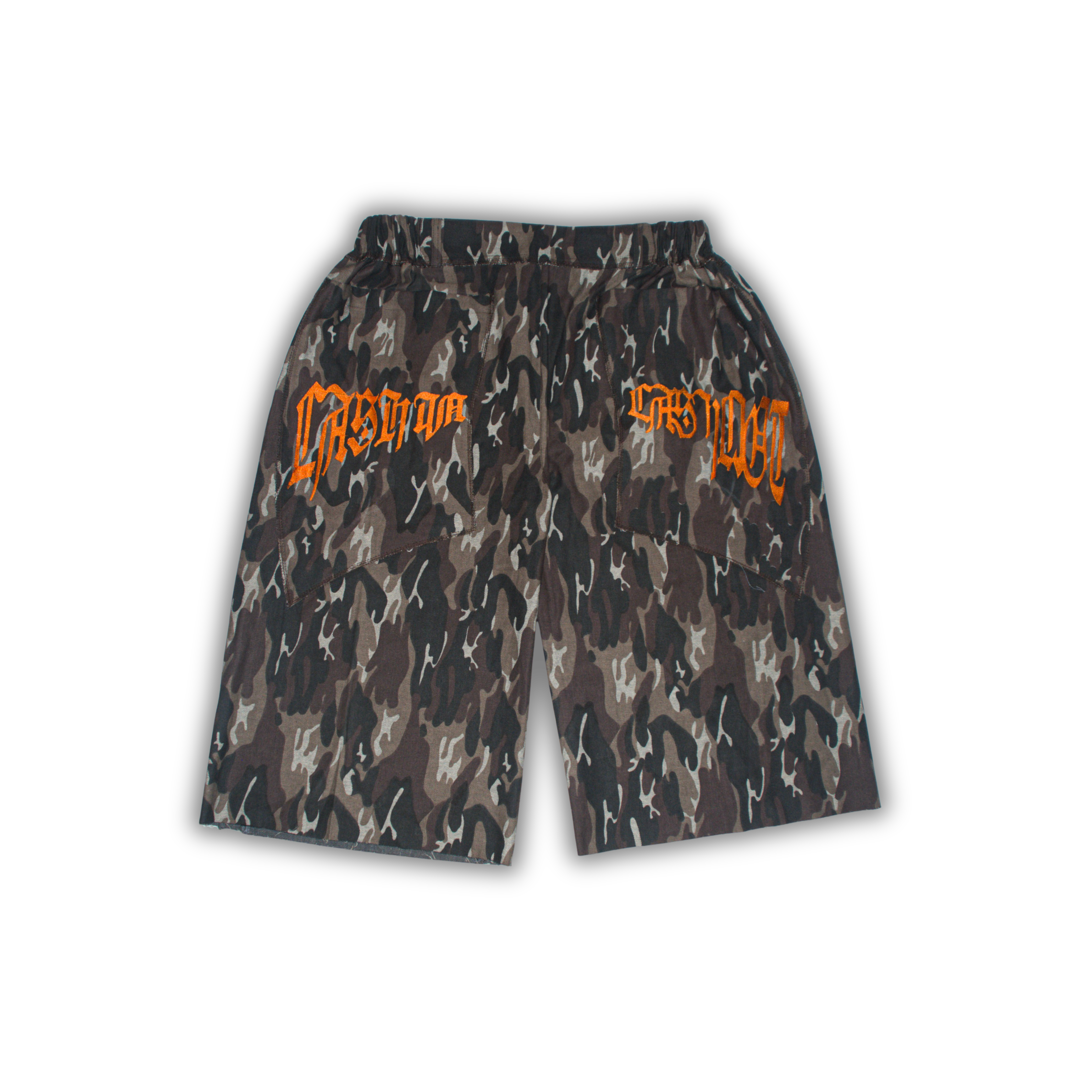 BROWN CAMO // GREY RAW DENIM JORTS